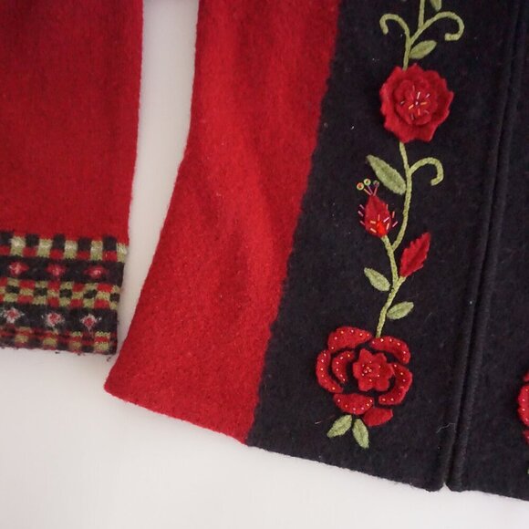 Vintage Christopher Banks Red Knit Floral Beaded 100% Wool Zip Up Sweater L - Picture 7 of 12